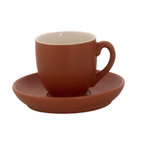 Mattbraune Kaffeetasse und Untertasse aus der Serie Robusta mit Druckoption